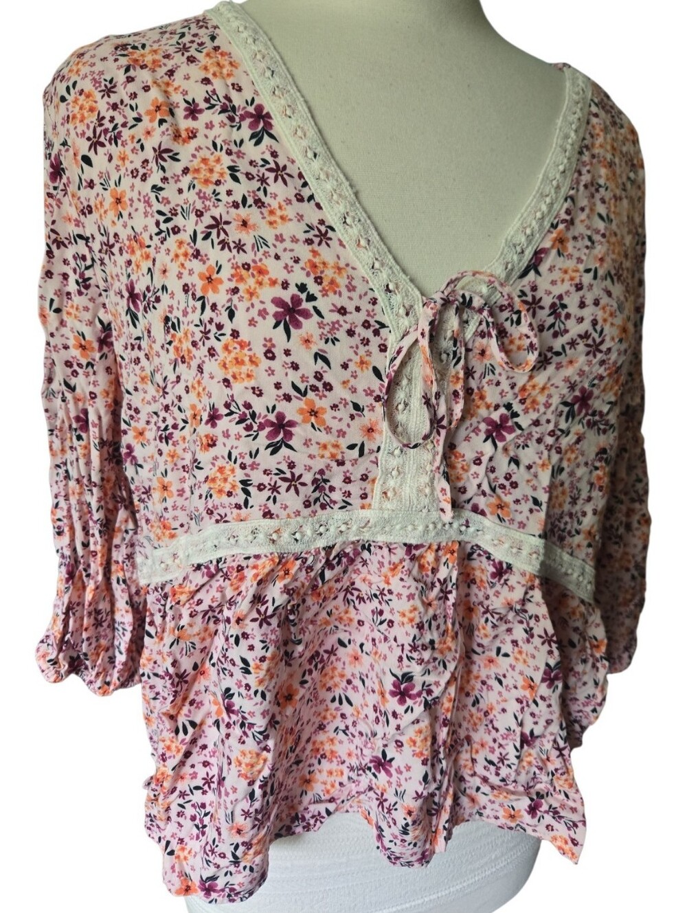 Vanilla Star Boho Floral Lace-Trim Peplum Top - 3X